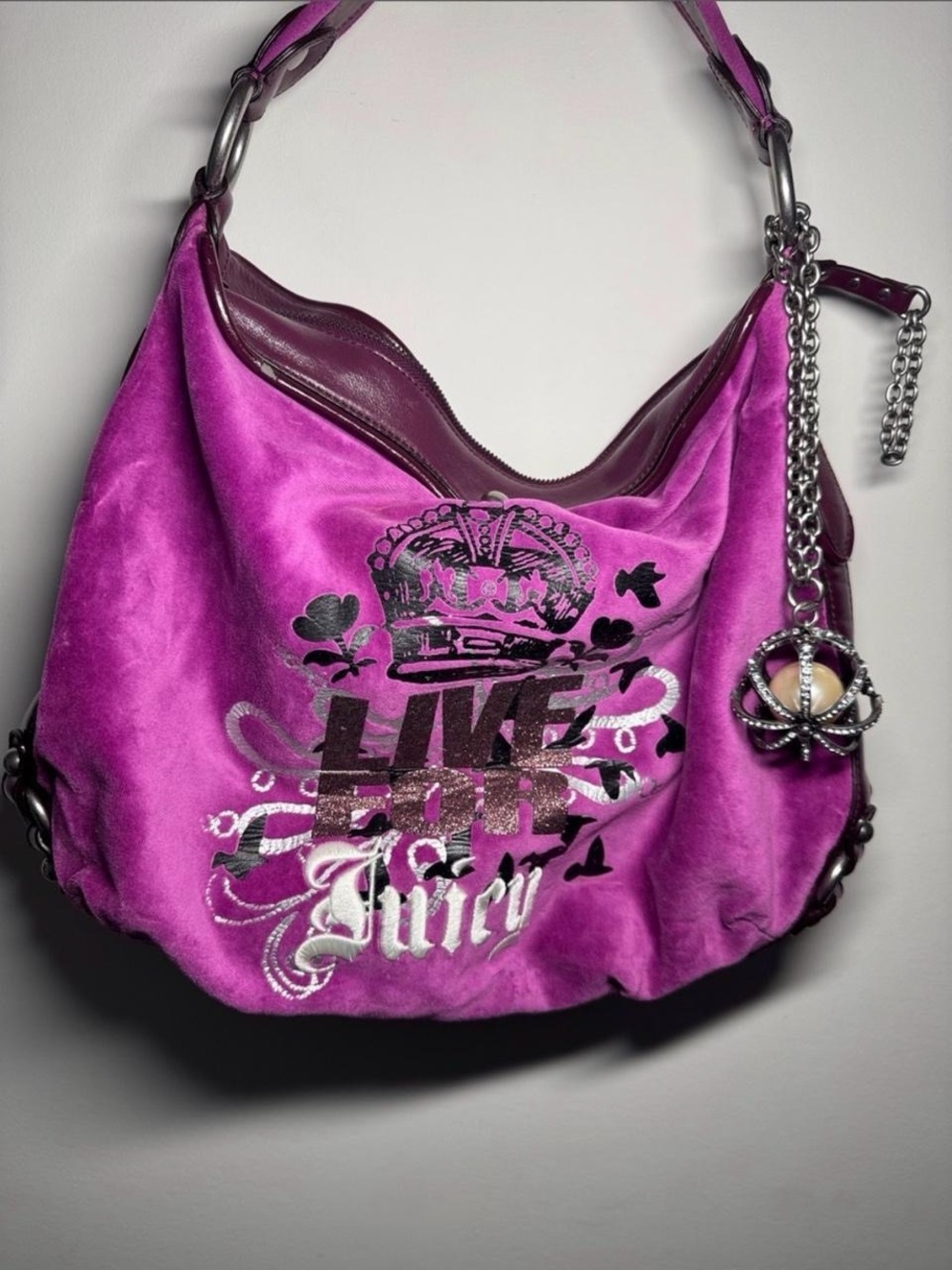 Juicy Couture Magenta Suede Hobo Bag with Charm